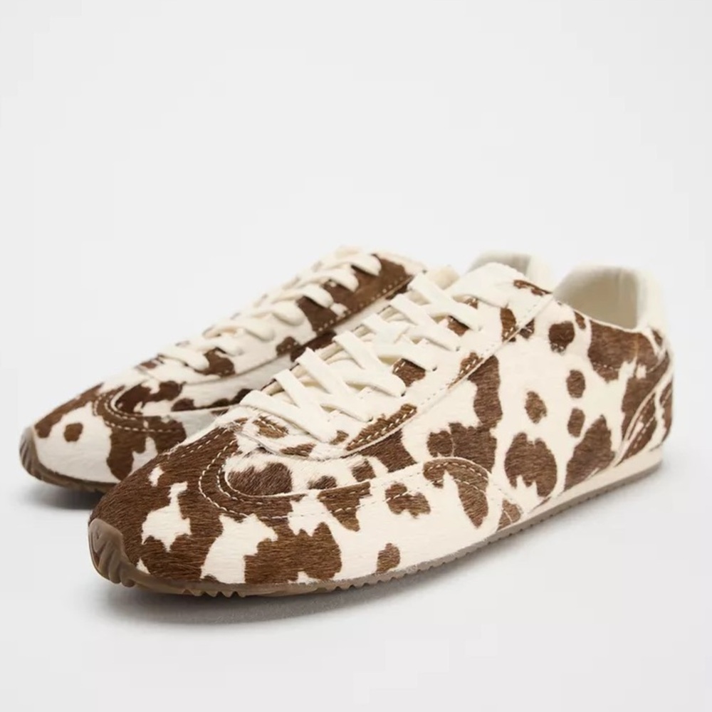 NWOT Zara Animal Print Leather Sneakers Size 38 US 8 Calf Hair